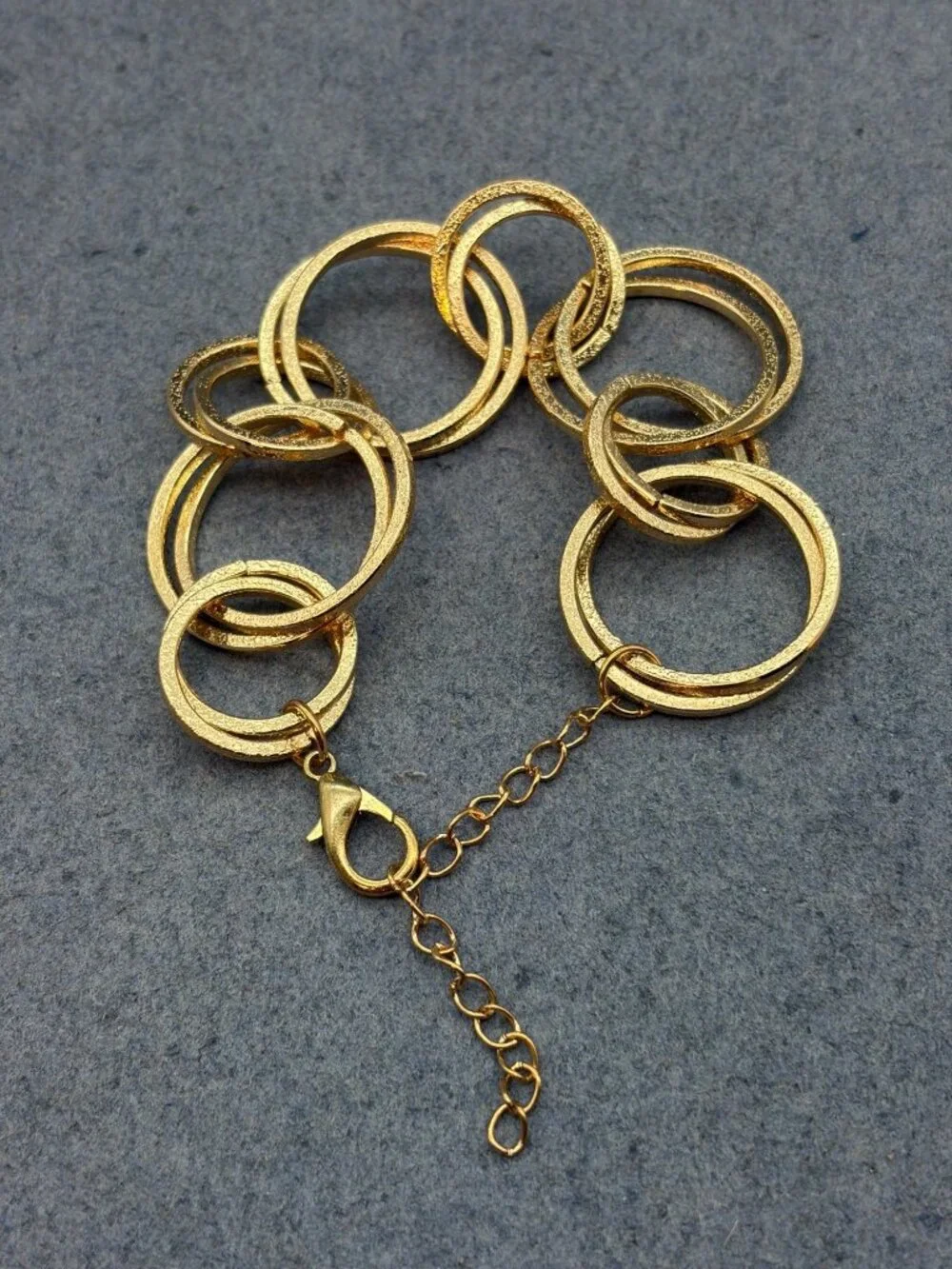 Textured Circle Link Bracelet 7 In Gold Adjustable Chain Retro Vintage MCM Glam